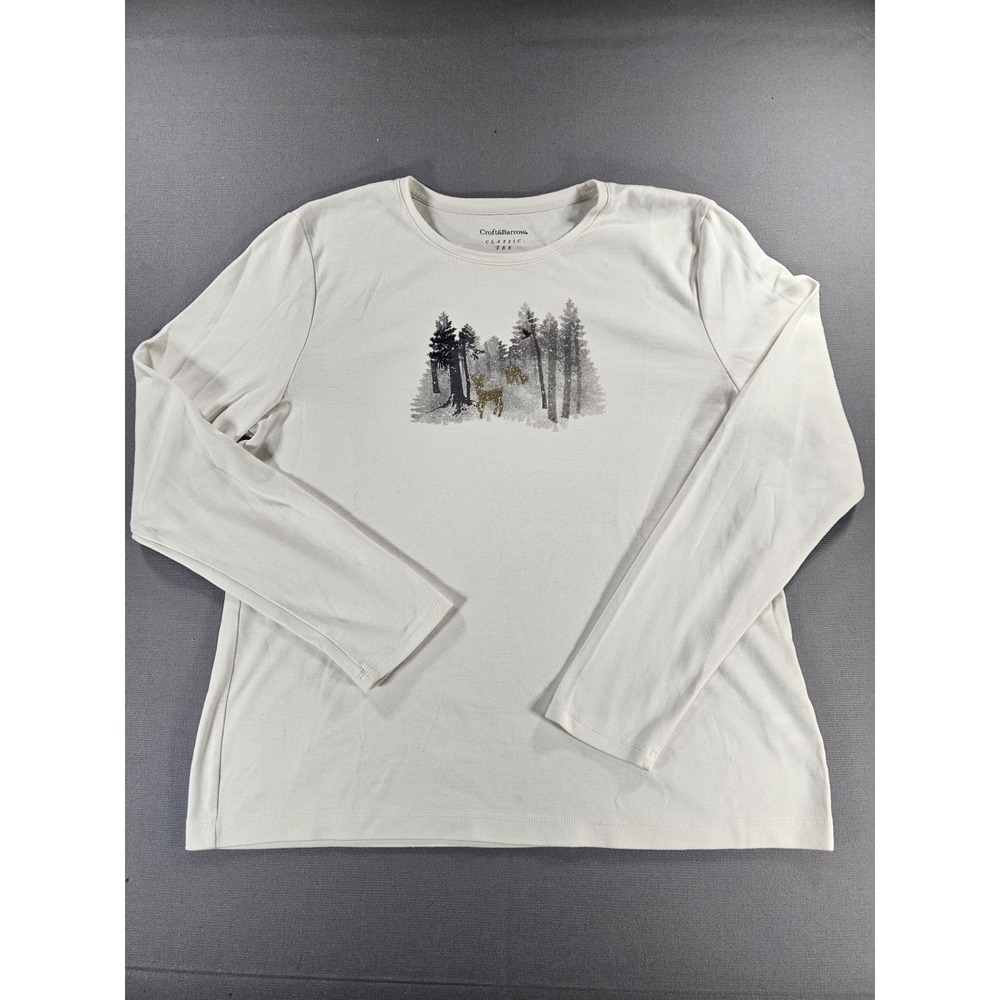 Croft & Barrow Winter Graphic Womens L Long Sleeve Shirt White Deer Pine Tree